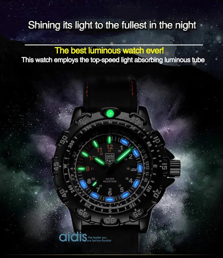 Alcom Distribution tactical luminous army watch black rugged bezel green and blue luminous dial
