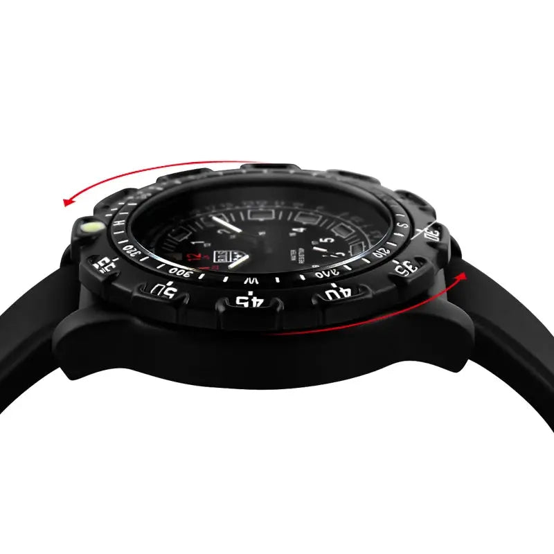 Alcom Distribution tactical luminous army watch side profile showing black bezel rotating dial and rubber strap
