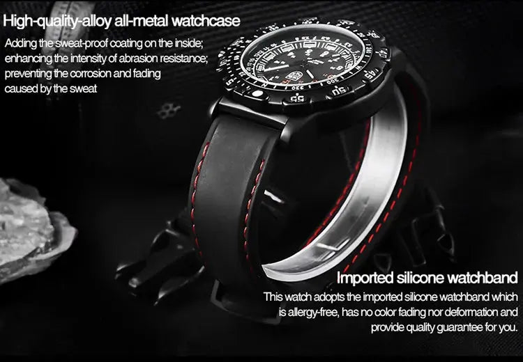 Alcom Distribution tactical luminous army watch with black alloy case silicone band and red stitch detail