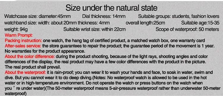 Alcom Distribution tactical luminous army watch specification sheet showing case size waterproof and packing info