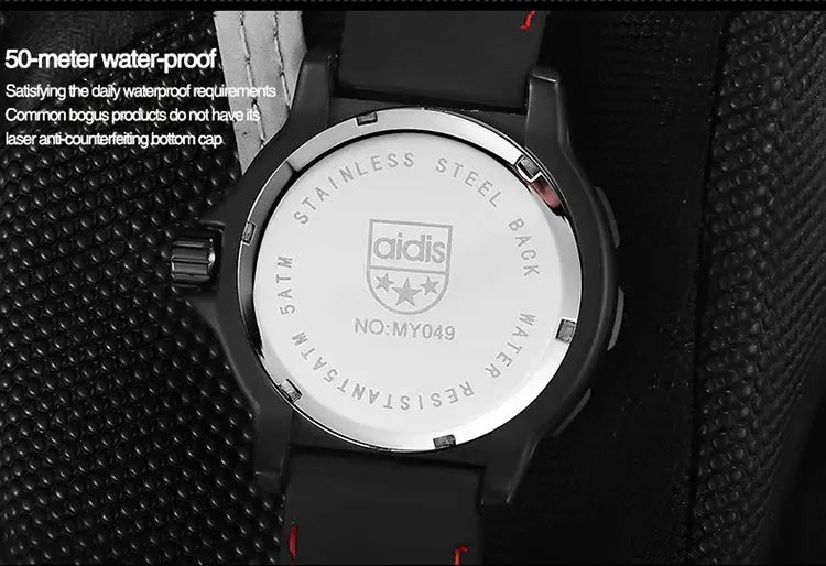 Alcom Distribution tactical luminous army watch with stainless steel back 50m water resistant black strap with red stitching