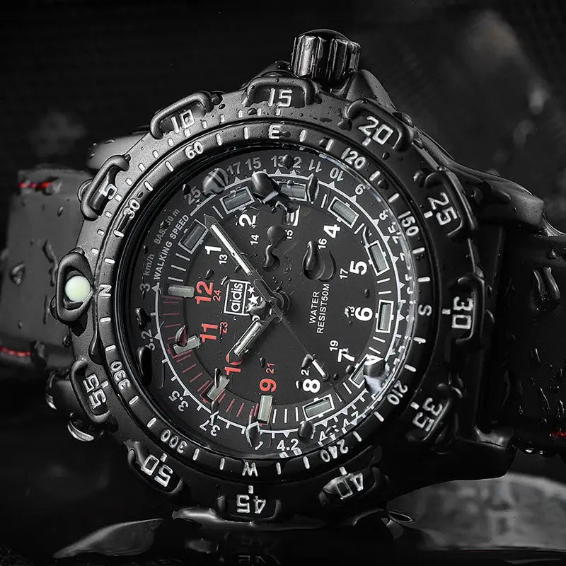 Alcom Distribution black tactical luminous army watch with rugged bezel rubber strap and water resistant design