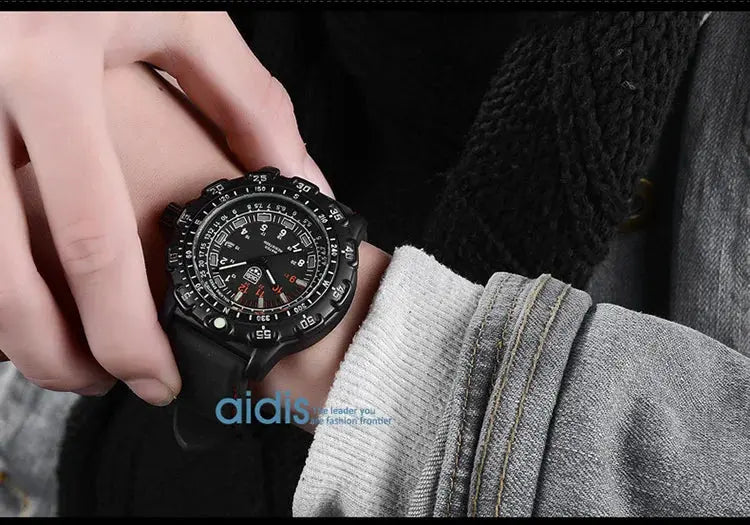 Alcom Distribution tactical luminous army watch on wrist with black rugged dial and strap