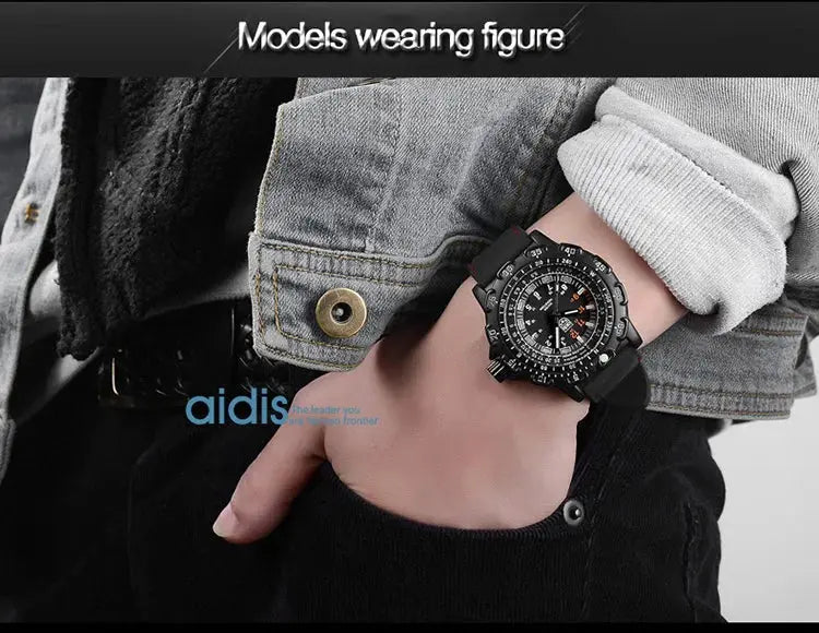 Alcom Distribution tactical luminous army watch worn on wrist with black rugged dial and rubber strap
