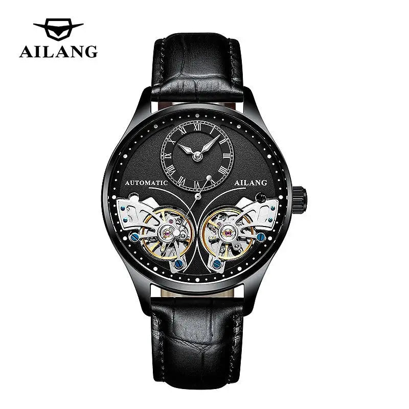 Alcom Distribution luxury double tourbillon watches with black leather strap and dual visible tourbillon mechanisms