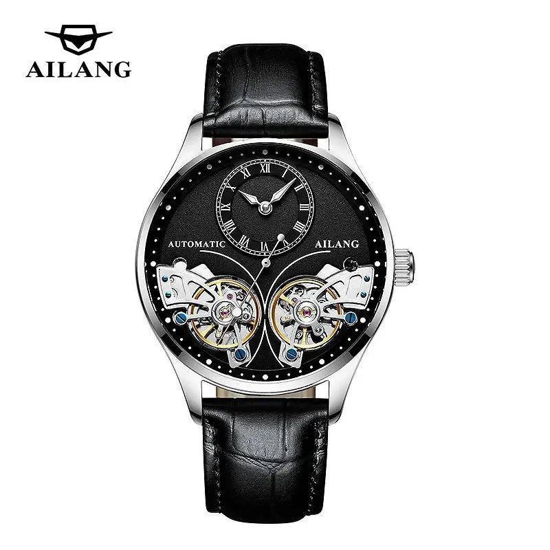 Alcom Distribution luxury double tourbillon watches with black dial and leather strap