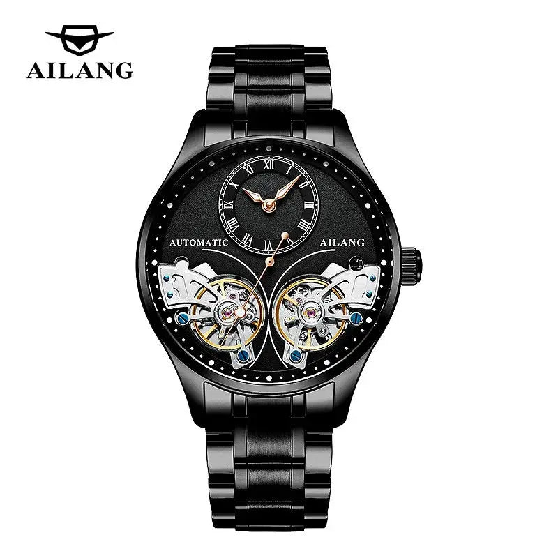 Alcom Distribution luxury double tourbillon watches with black dial and automatic movement