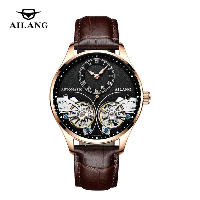 AILANG luxury double tourbillon watch with brown leather strap and rose gold case