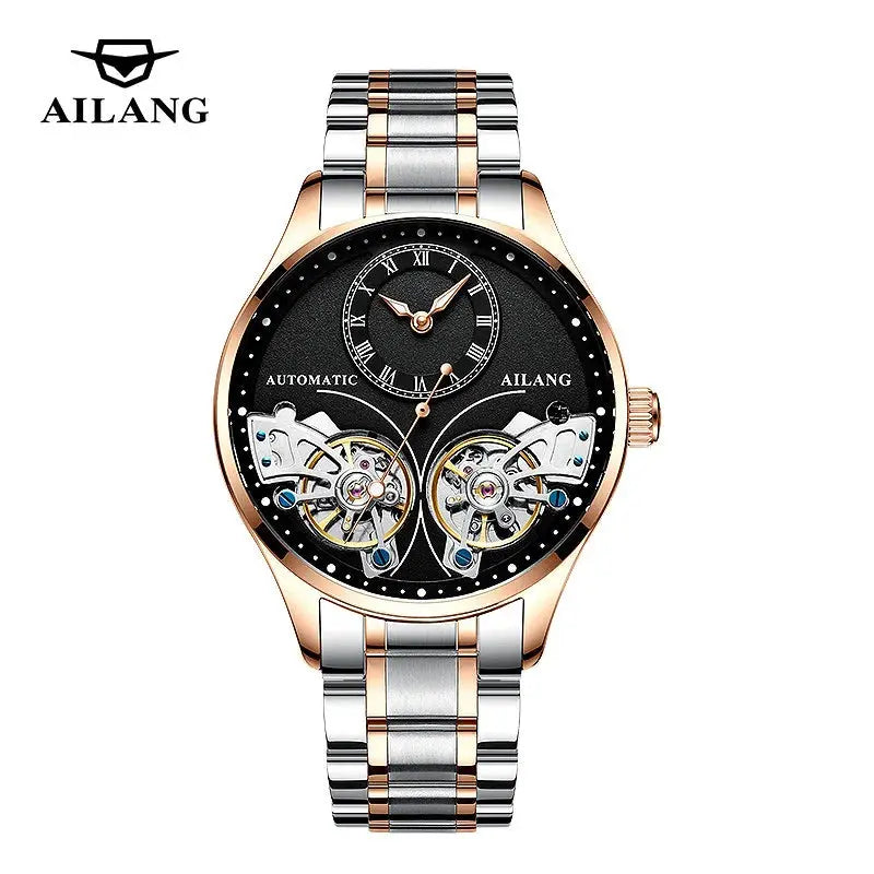Ailang luxury double tourbillon watches with black dial and silver gold metal strap by Alcom Distribution