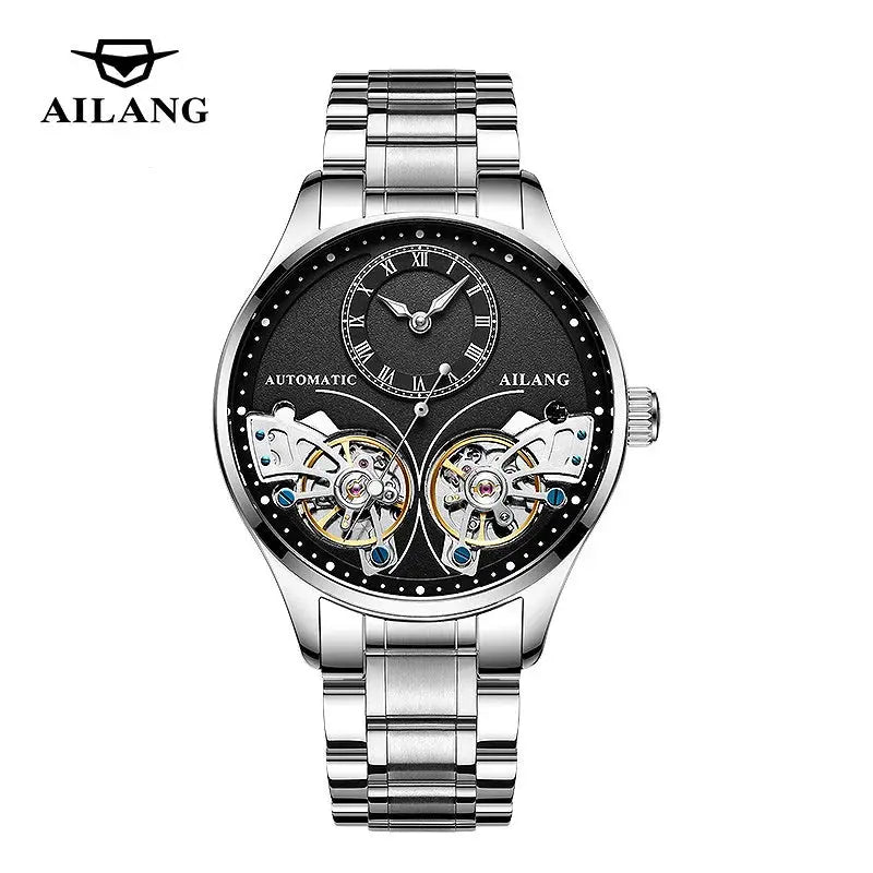 Ailang luxury double tourbillon watches with stainless steel band and black dial by Alcom Distribution