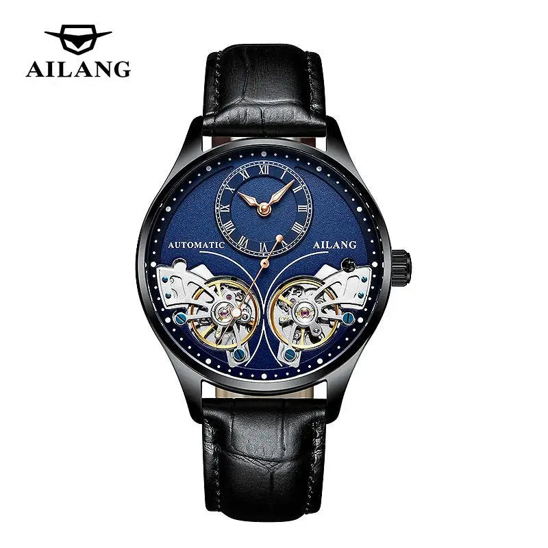 Luxury double tourbillon watches by Alcom Distribution with black leather strap and blue dial