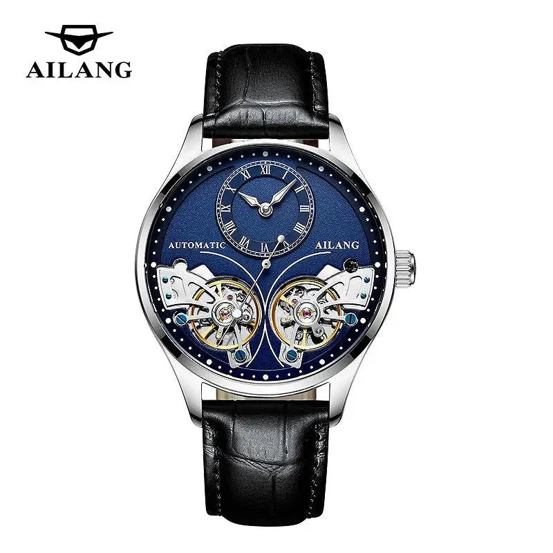 Ailang luxury double tourbillon watches with blue dial and black leather strap by Alcom Distribution