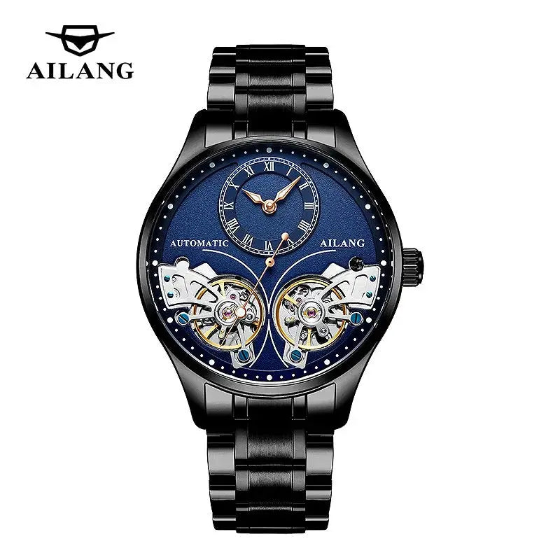 Alcom Distribution luxury double tourbillon watches with black metal band and blue dial