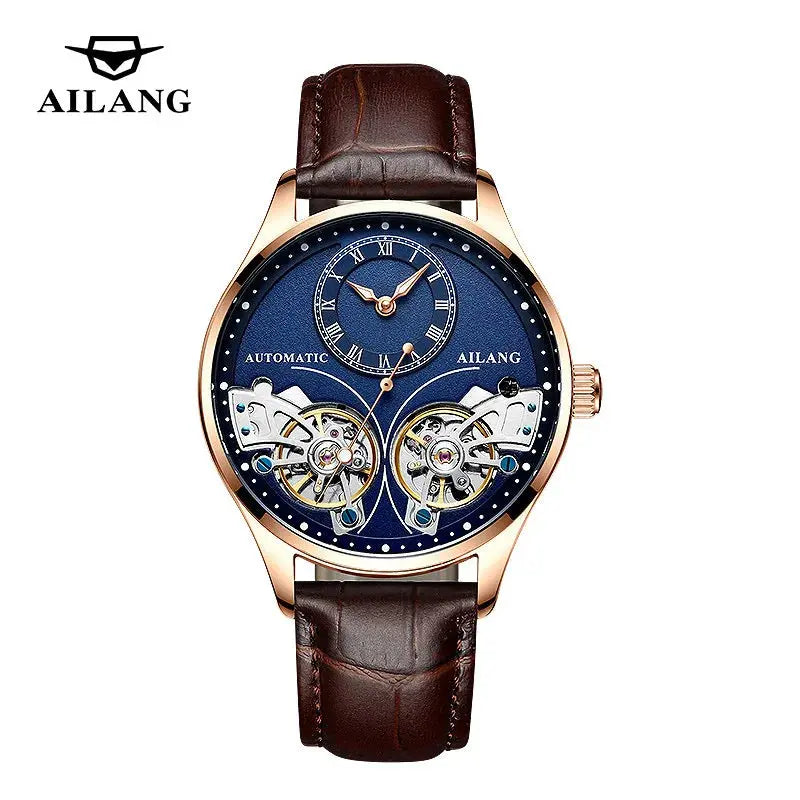 Ailang luxury double tourbillon watch with blue dial and brown leather strap from Alcom Distribution