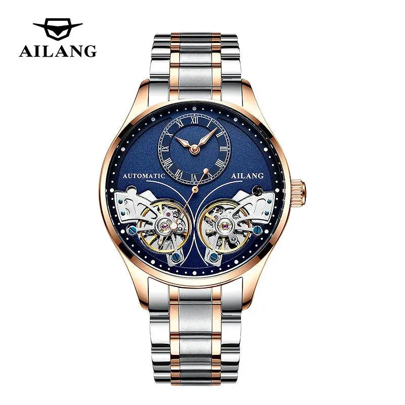 Ailang luxury double tourbillon watches with blue dial and silver rose gold metal band