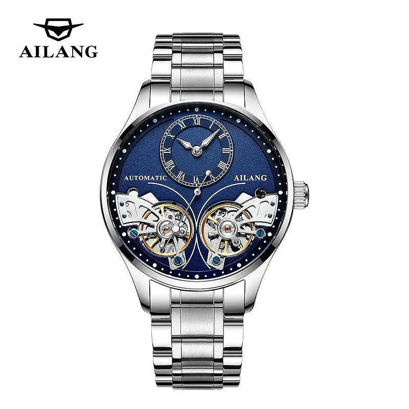 Alcom Distribution luxury double tourbillon watches with blue dial and silver stainless steel band