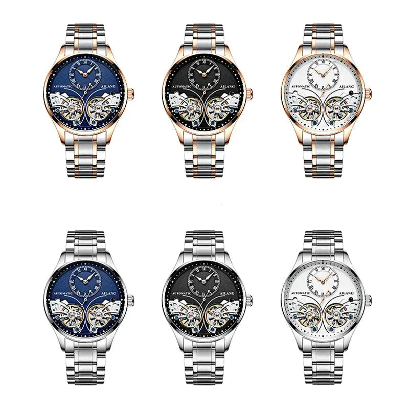 Luxury double tourbillon watches by Alcom Distribution in gold and silver with blue, black, and white dials