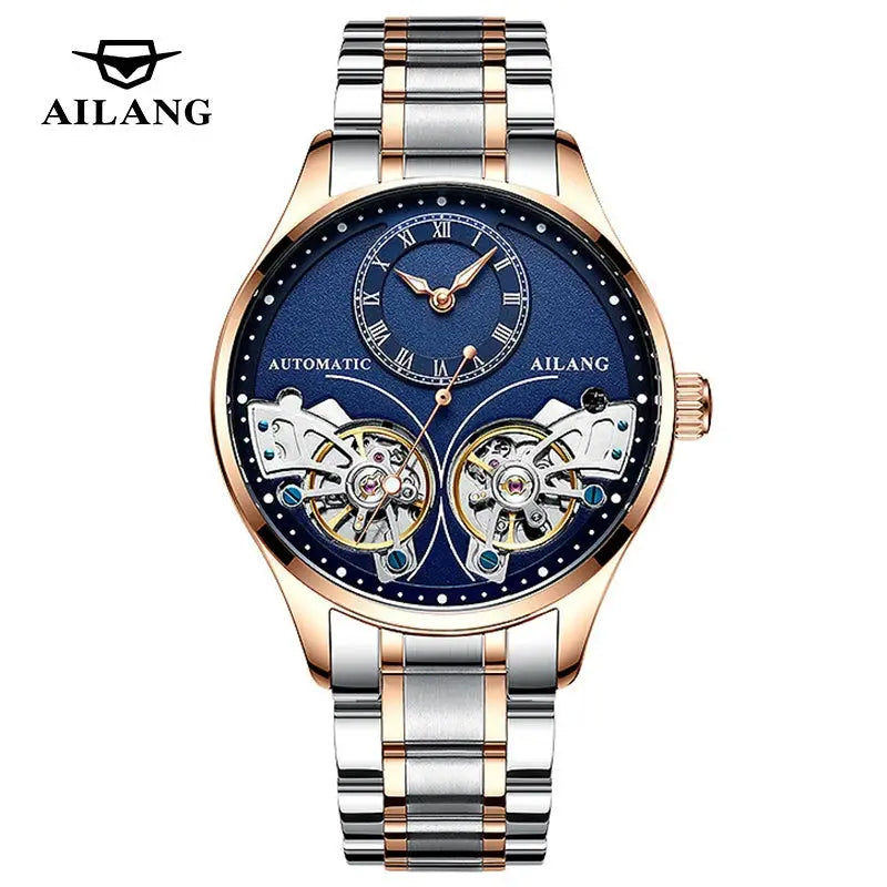 Alcom Distribution luxury double tourbillon watches with blue dial and rose gold silver metal band