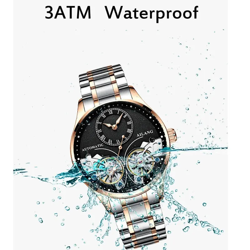 Luxury double tourbillon watches by Alcom Distribution with waterproof design and silver gold strap