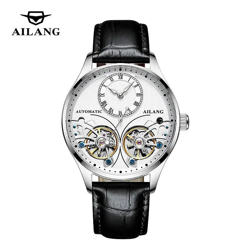 Ailang luxury double tourbillon watches with silver dial and black leather strap from Alcom Distribution