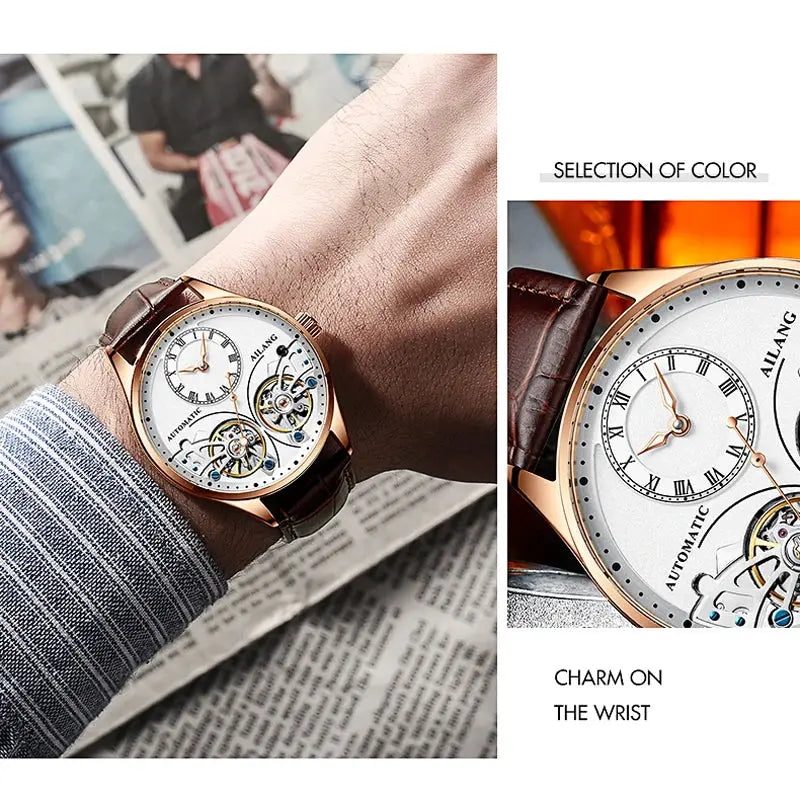 Luxury double tourbillon watches by Alcom Distribution with brown leather strap and gold-tone case