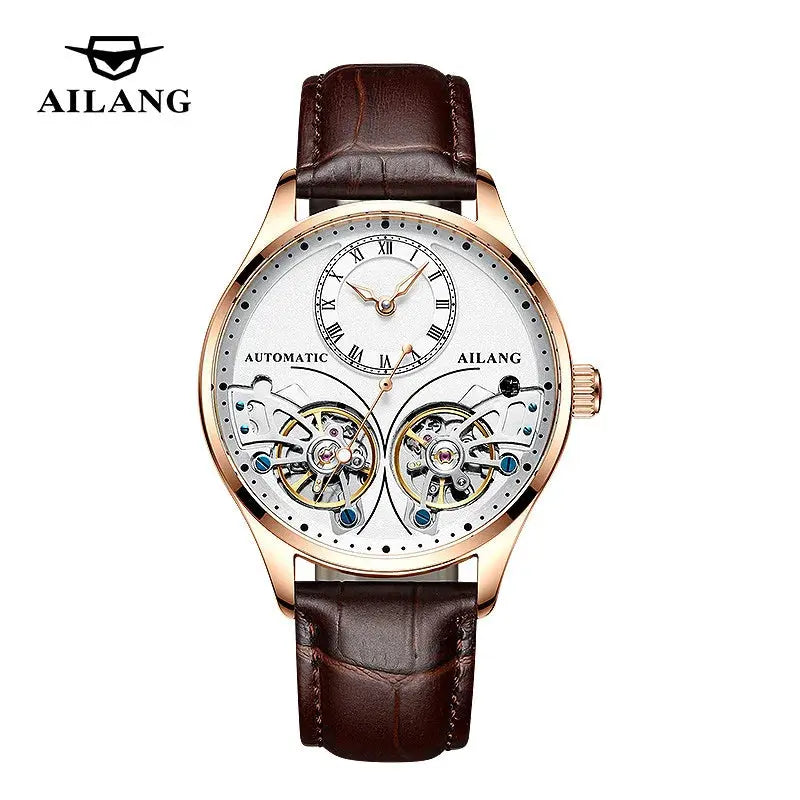 Ailang luxury double tourbillon watches with gold case and brown leather strap by Alcom Distribution