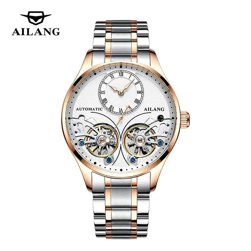 Alcom Distribution luxury double tourbillon watches with silver and rose gold metal band and automatic movement