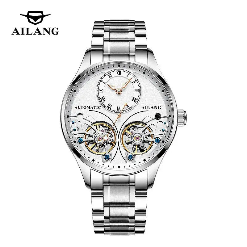 Alcom Distribution silver luxury double tourbillon watches with stainless steel band and white dial
