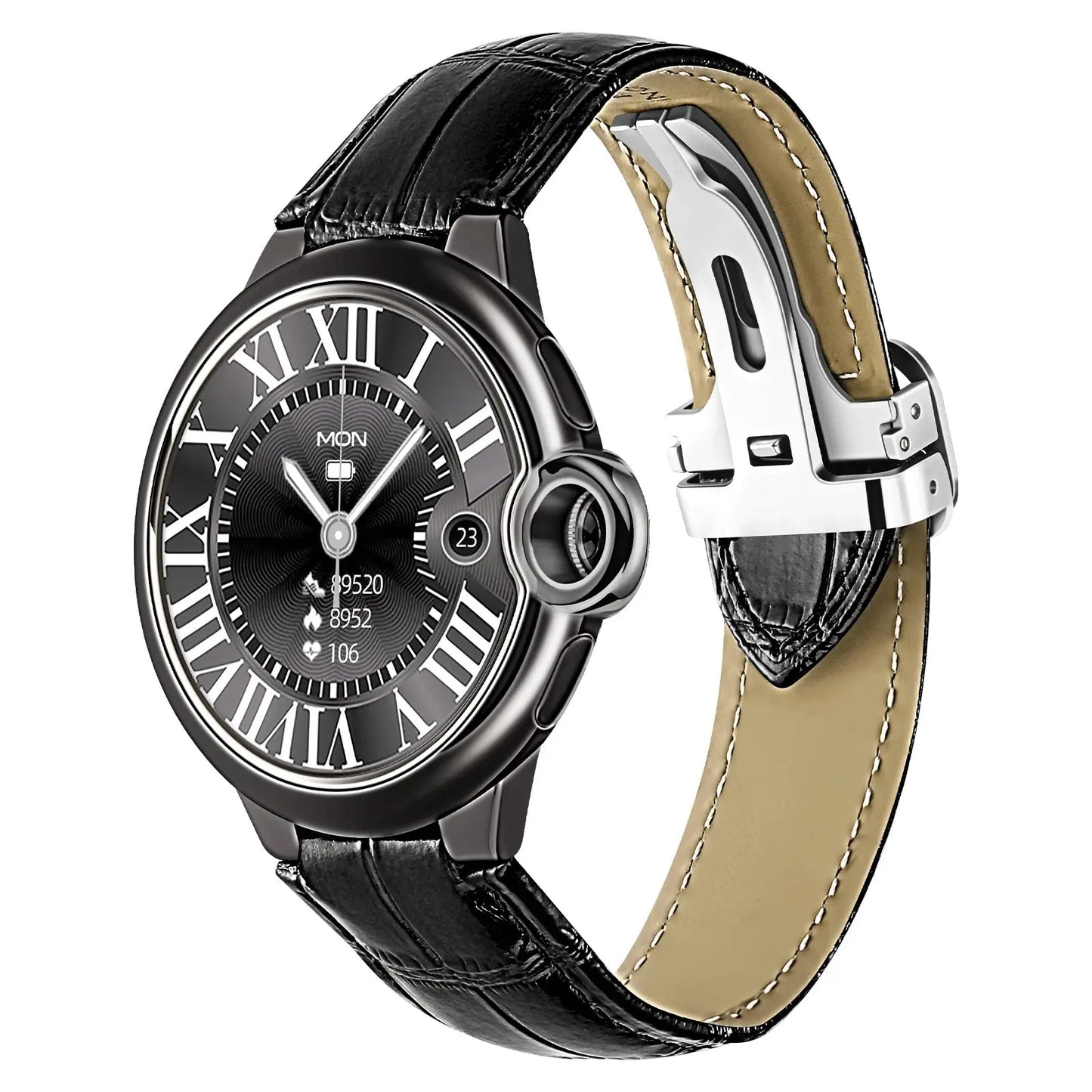 Aiweile AW28 smartwatch with black leather strap and classic round dial showing fitness and date features