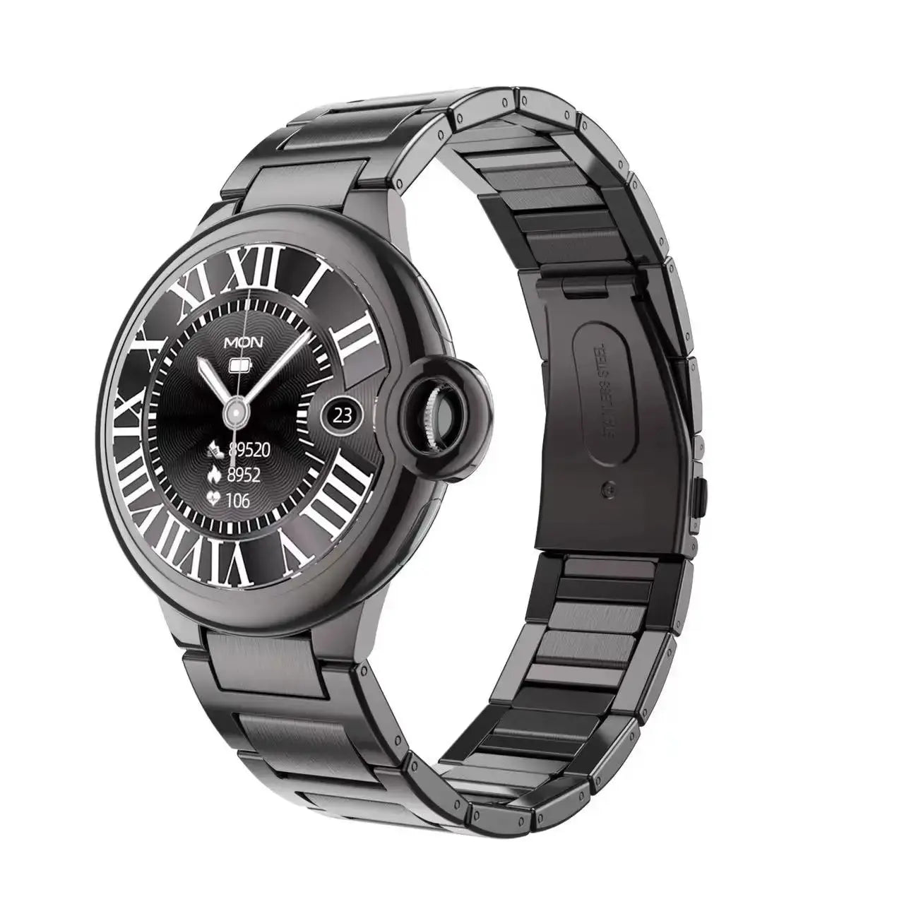 Alcom Distribution Aiweile AW28 smartwatch with black metal band and round digital display
