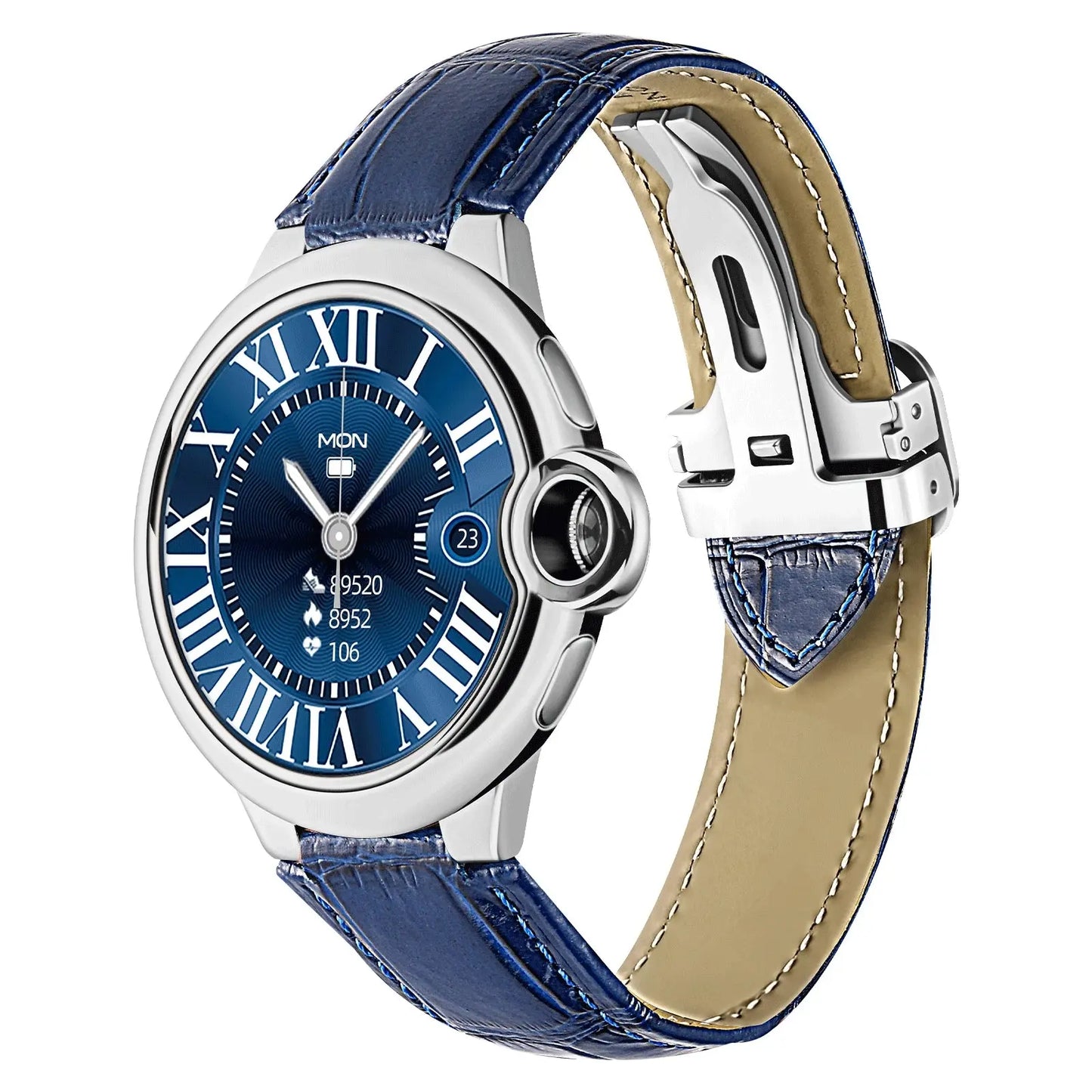 Aiweile AW28 smartwatch with blue leather strap and silver case by Alcom Distribution