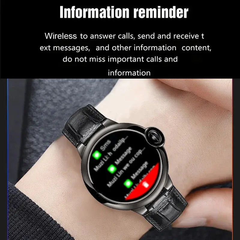 Aiweile AW28 smartwatch with black leather strap showing message notifications on wrist