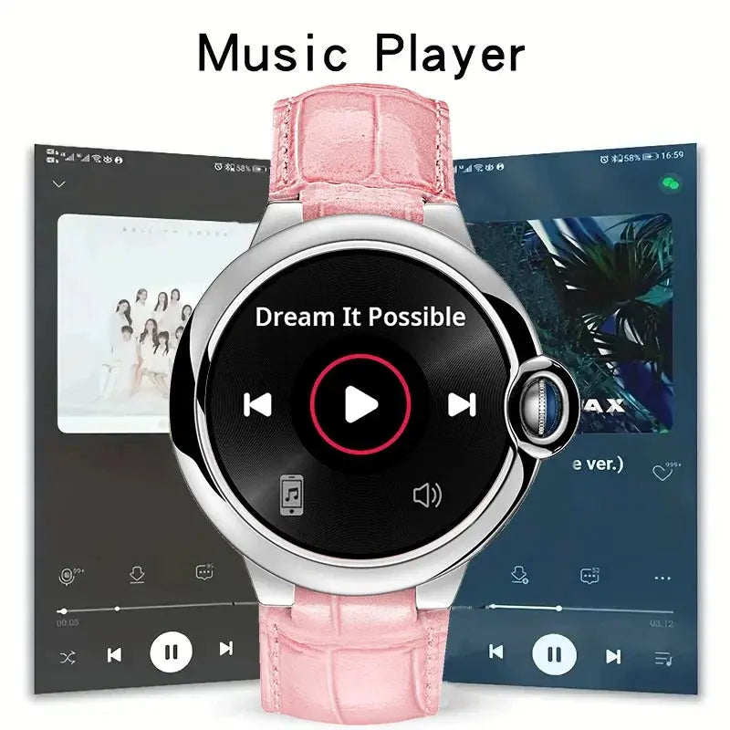 Aiweile AW28 smartwatch with pink leather strap displaying music player interface by Alcom Distribution