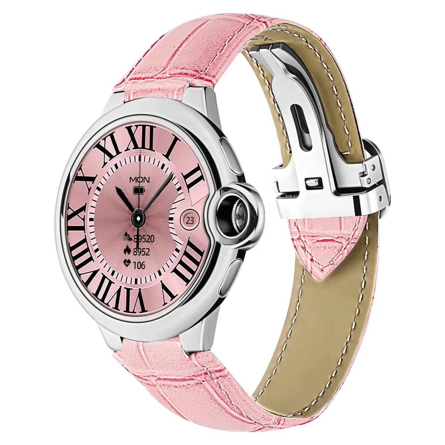 Aiweile AW28 smartwatch with pink leather strap and silver round case by Alcom Distribution