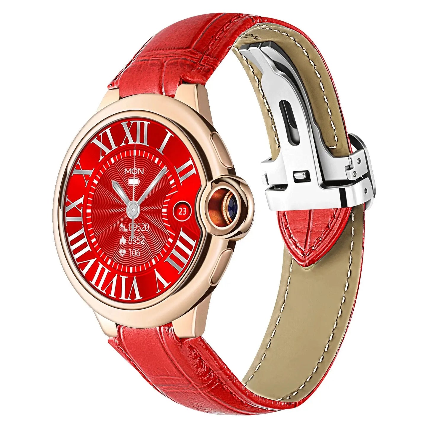 Aiweile AW28 smartwatch with red leather strap and rose gold round case by Alcom Distribution