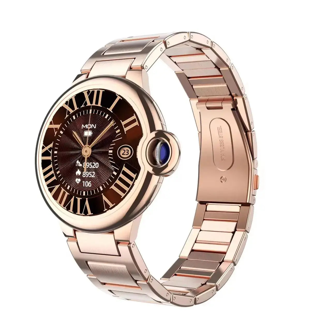 Rose gold Aiweile AW28 smartwatch with round dial and metal link band by Alcom Distribution