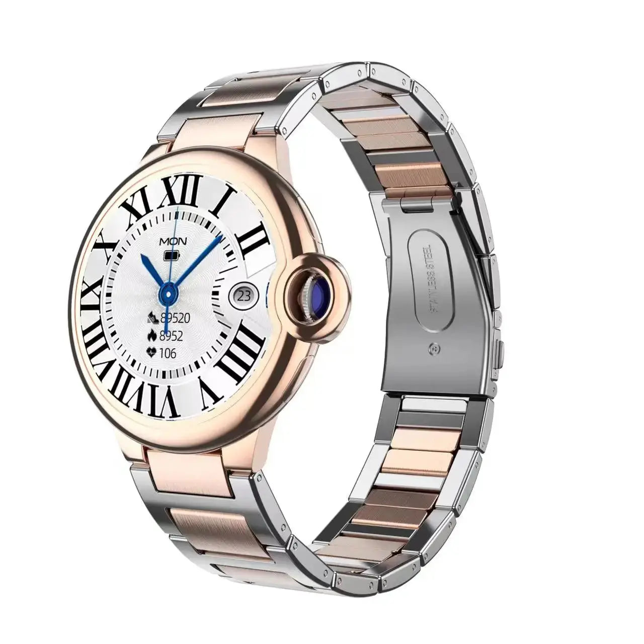 Aiweile AW28 smartwatch with rose gold and silver metal band and white dial with Roman numerals