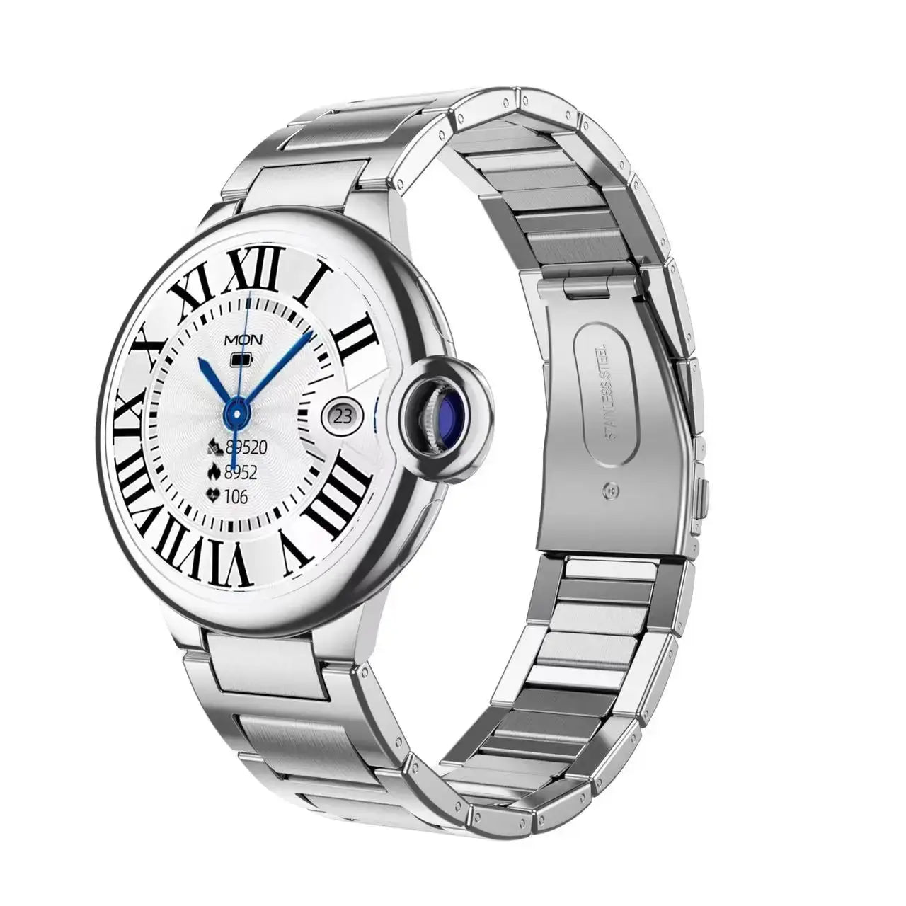 Aiweile AW28 smartwatch with silver metal band and round white dial featuring black Roman numerals