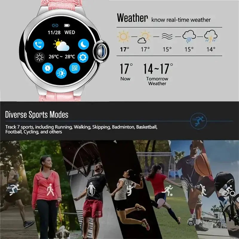 Aiweile AW28 smartwatch displaying weather and multiple sports modes on a pink strap