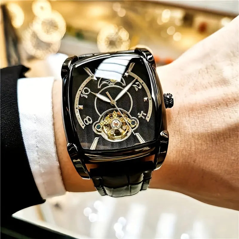 Alcom Distribution men's mechanical square watch with black leather strap and intricate dial on wrist