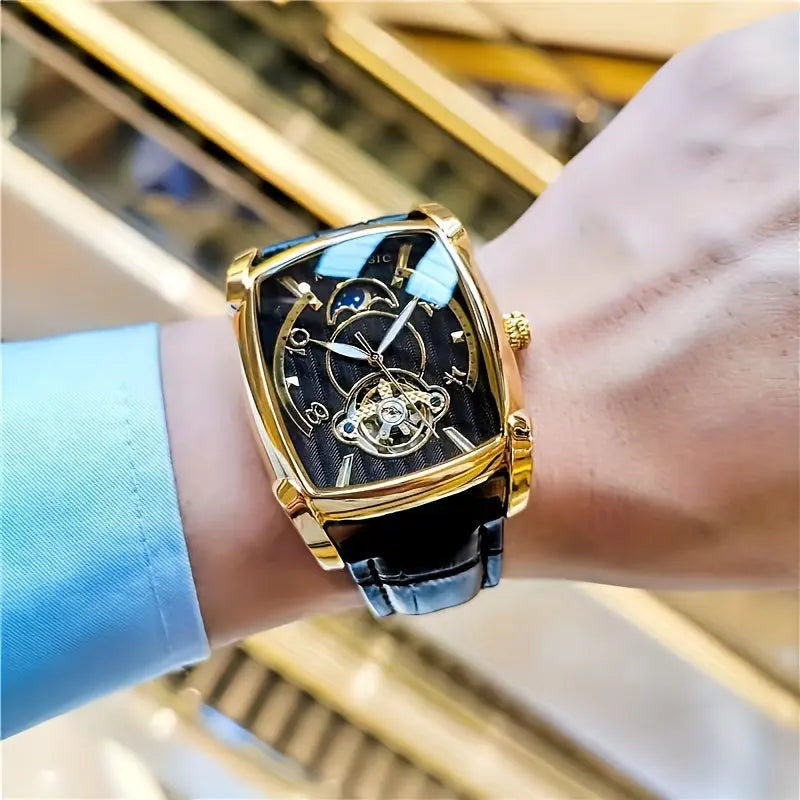 Alcom Distribution men's mechanical square watch with gold case and black leather strap