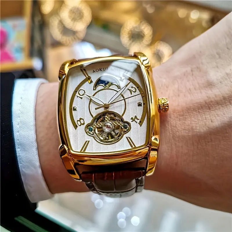 Alcom Distribution men's mechanical square watch with gold case and brown leather strap on wrist