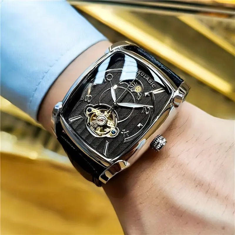 Alcom Distribution men's mechanical square watch with black dial and leather strap on wrist