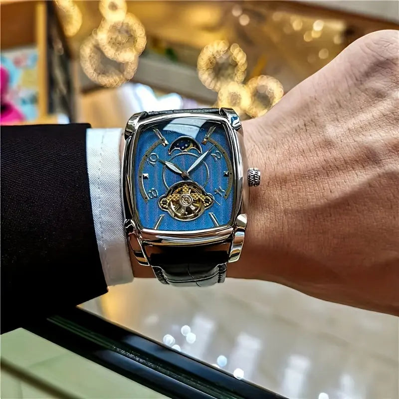 Alcom Distribution men's mechanical square watch with blue dial and black leather strap