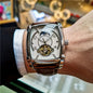 Men's mechanical square watch by Alcom Distribution with leather strap and open heart dial