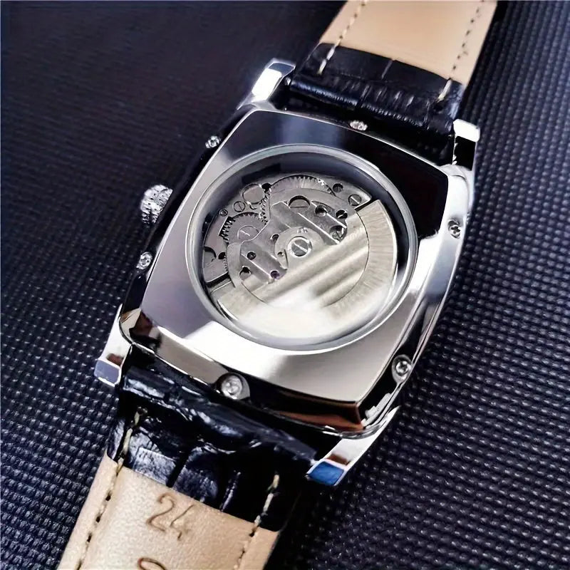 Durable men's wristwatch by Alcom Distribution with square stainless steel case and leather strap