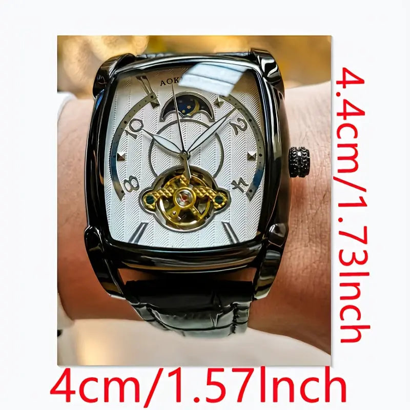 Durable men's wristwatch by Alcom Distribution with black leather strap and intricate white dial design