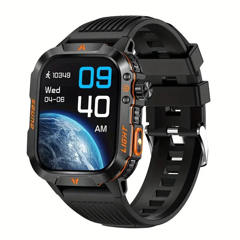 Alcom Distribution 2024 smart fitness watch with black rugged design and digital display showing time and step count