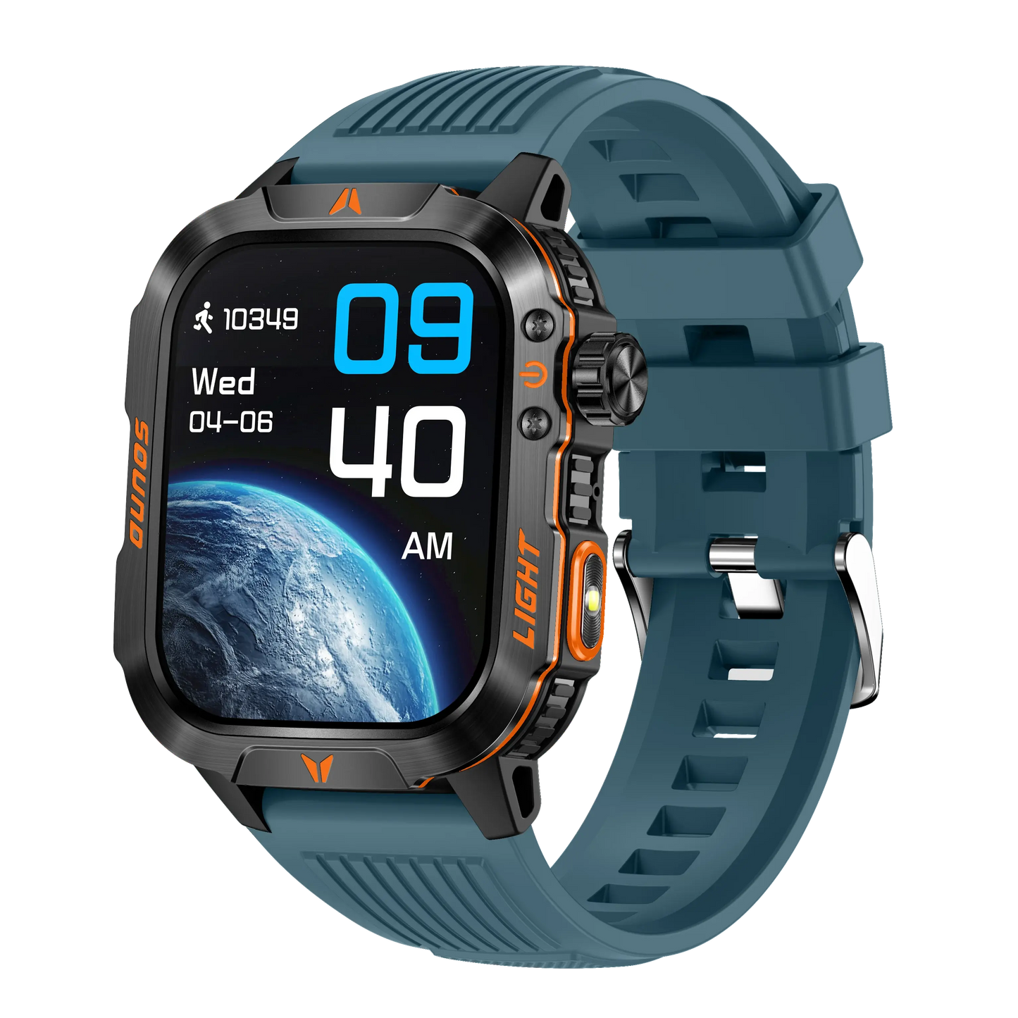 2024 smart fitness watch by Alcom Distribution with blue strap and digital display showing time and activity