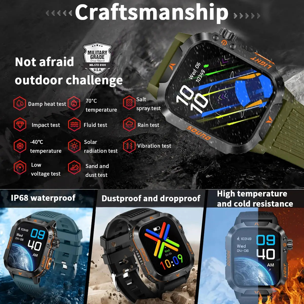2024 smart fitness watch by Alcom Distribution showing waterproof and durable features with military grade outdoor resistance